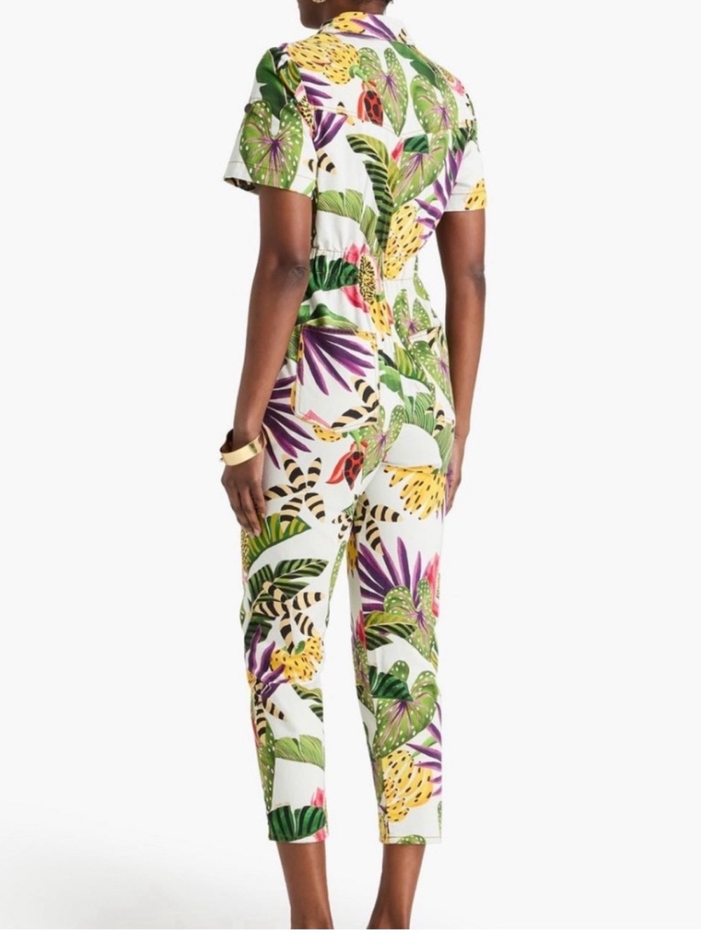 FarmRio Tropical Print Short-Sleeve Jumpsuit in White - Picture 3 of 12